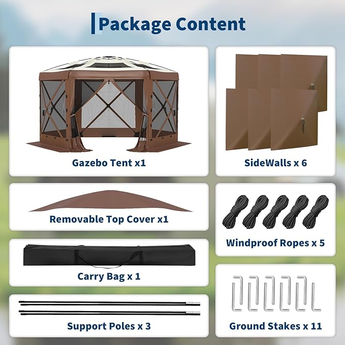 13x13FT 6-Sided Pop Up Gazebo Tent，One-Push Setup Canopy Tent with Removable Canopy Top & Wind Cloths, Outdoor shelter for Camping, Backyard Parties, Outdoor Events - Beige & Khaki