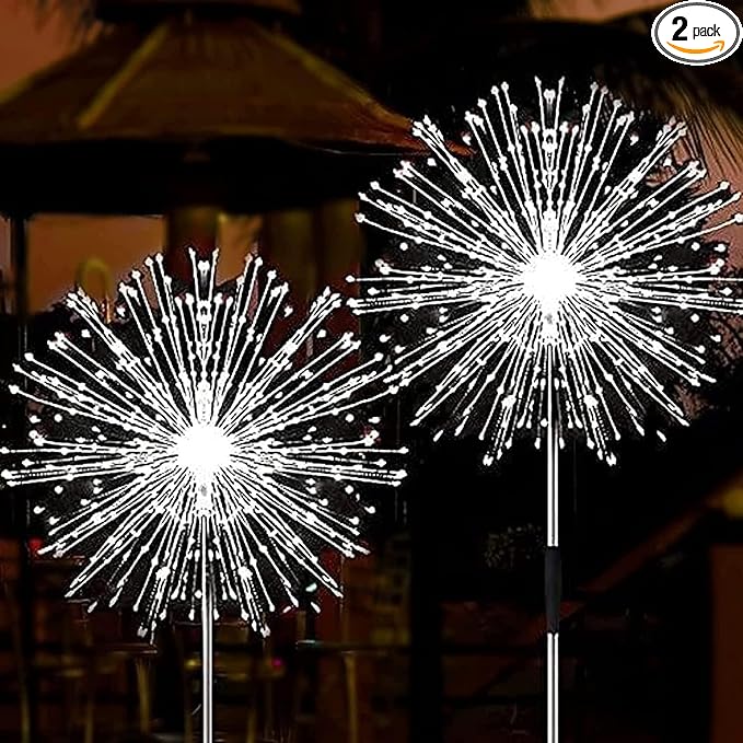 JJGoo Solar Firework Lights, 2 Pack 135 LEDs 2 Lighting Modes Solar Lights Outdoor Waterproof for Garden Patio Walkway Pathway Party Wedding Christmas Decorative - White
