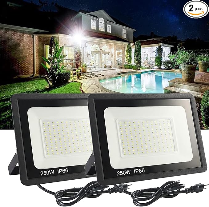 2Pack LED Flood Light Outdoor,250W LED Work Light 25500lmwith 6FT US Plug,IP66 Waterproof Exterior Security Lights,6000K Daylight White Outside Floodlights Slim Design for Playground Yard