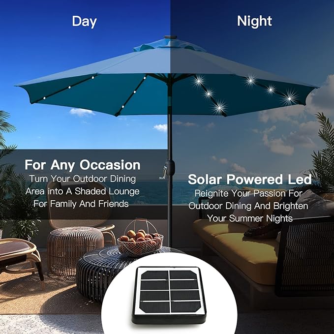 Sunnyglade 9' Solar LED Lighted Umbrella with 8 Ribs Adjustment and Crank Lift System for Patio(Blue)