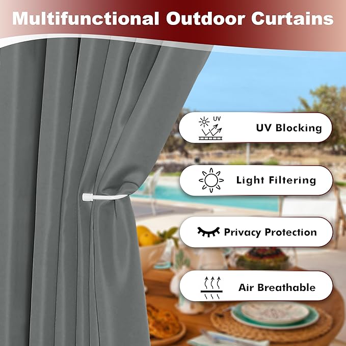 HolidayIdeas Grommet Top Outdoor Curtains for Patio Waterproof 8 Pcs All Weather Balcony Outside Curtain Panels for Apartments, Gazebo, Pergolas, Porch, 54x120 Inch, Grey