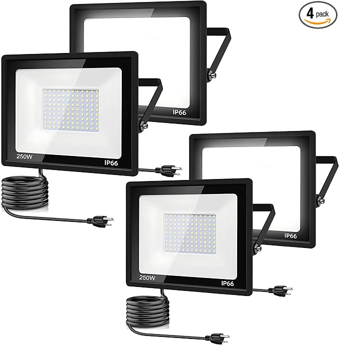 4Pack LED Flood Light Outdoor,250W LED Work Light 25500lm with 6FT US Plug,IP66 Waterproof Exterior Security Lights,6000K Daylight White Outside Floodlights Slim Design for Playground Yard