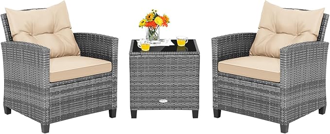 Tangkula 3 Pieces Wicker Patio Furniture Set, Outdoor Rattan Conversation Cushioned Chair Set with Tempered Glass Side Table, for Porch, Balcony and Garden