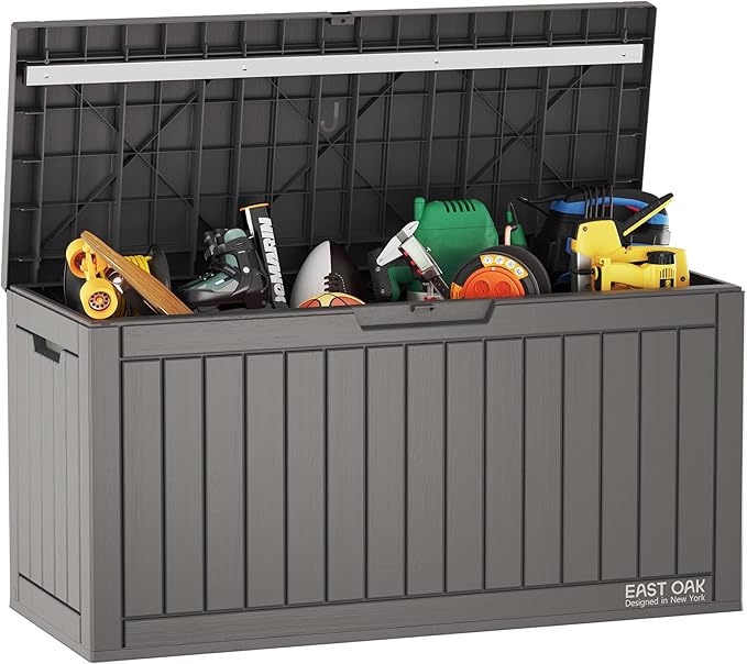 EAST OAK 60 Gallon Deck Box, Outdoor Storage Box with Padlock for Patio Furniture, Patio Cushions, Gardening Tools, Pool Supplies, Waterproof and UV Resistant Resin, Grey