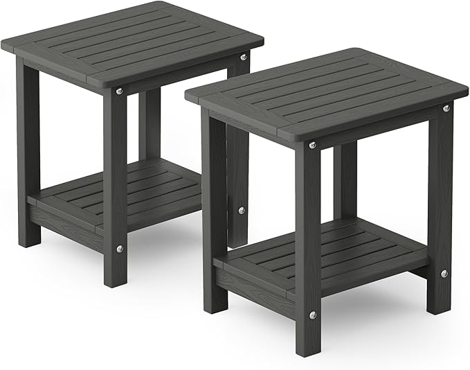 YEFU Outdoor Side Table for Patio: 16" HIPS Weather - Resistant Adirondack Tables Set of 2 - Small Square End Table for Backyard Living Room Bedroom - Indoor Outdoor Double Layer Table Dark Grey