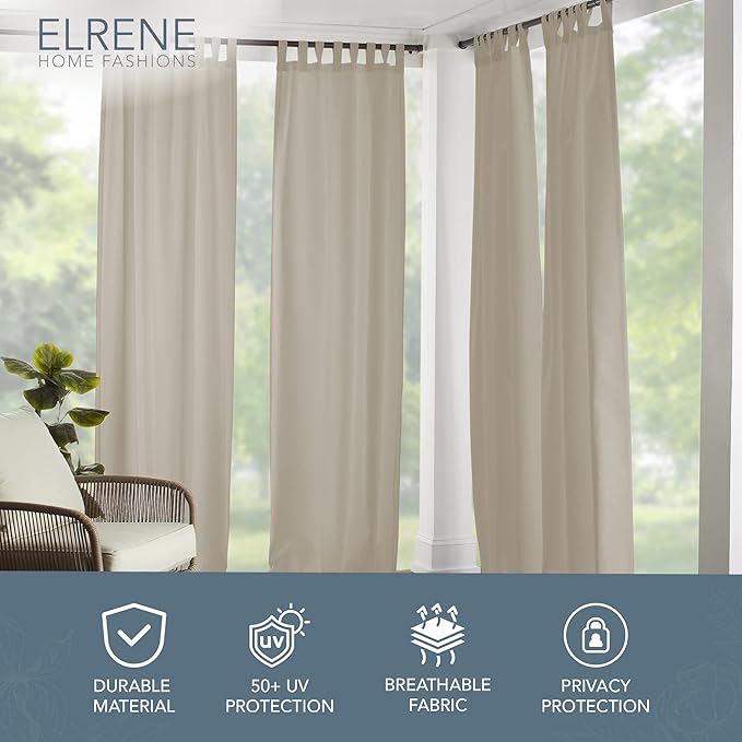 Elrene Home Fashions Matine Weatherproof Tab-Top Indoor/Outdoor Solid Color Curtain Panel for Porch, Pergola, Patio, Deck, 52”W x 95”L, Taupe