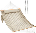 Double Quilted Fabric Hammock with Hardwood Spreader Bars and Pillow 450 LBS Capacity 2 Person Large Hammock for Outdoor Patio Backyard Poolside - Tan