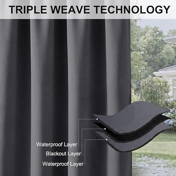 RYB HOME Extra Wide Outdoor Curtains for Patio Waterproof Heavy Duty Thermal Insulated in Summer Full Coverage Privacy for Gazebo, Cabana & Pergola, W100" x L90", Grey, 1 Panel