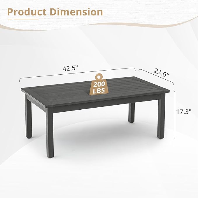 LUE BONA Outdoor Coffee Table Rectangle, 42.5" HDPS Patio Coffee Tables for Outside, All Weather Patio Coffee Table with Slatted Tabletop for Deck, Garden, Balcony, Indoor or Outdoor Use, Dark Gray