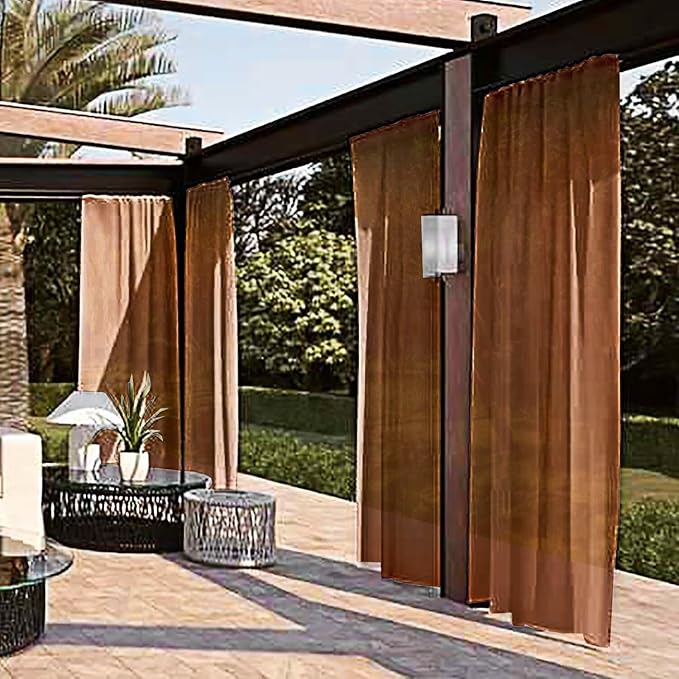 SpaceDresser Waterproof Outdoor Sheer Curtains for Patio - 2 Panels Rod Pocket Indoor Voile Sheer Curtain for Living Room,52W x 120L inch,Brown