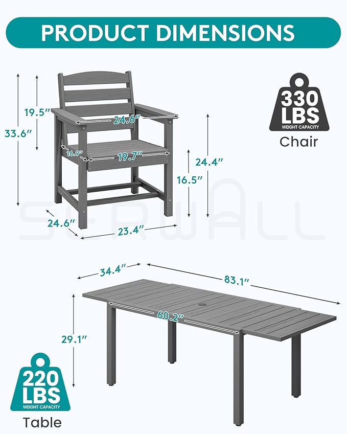 SERWALL 7-Piece Patio Dining Sets, 60" - 83" Expandable Outdoor Dining Table and 6 HDPE Chairs, All Weather HDPE Outdoor Furniture Set for Backyard, Garden, Grey