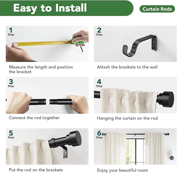 Time Forest Black Curtain Rods for Windows 28 to 48 Inch (2.3-4 Feet), 1 Inch Diameter Adjustable Heavy Duty Curtain Rod, Modern Style Indoor Outdoor Window Drapery Rods with End Caps, Size 32"- 60"