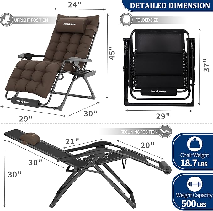 UDPATIO Oversized Zero Gravity Chair Set of 2, 29In XL Patio Reclining Chair with Cushion, Outdoor Folding Recliner with Pillows|Cup Holder|Foot Rest|Padded Headrest, Brown Grey, Support 500LB