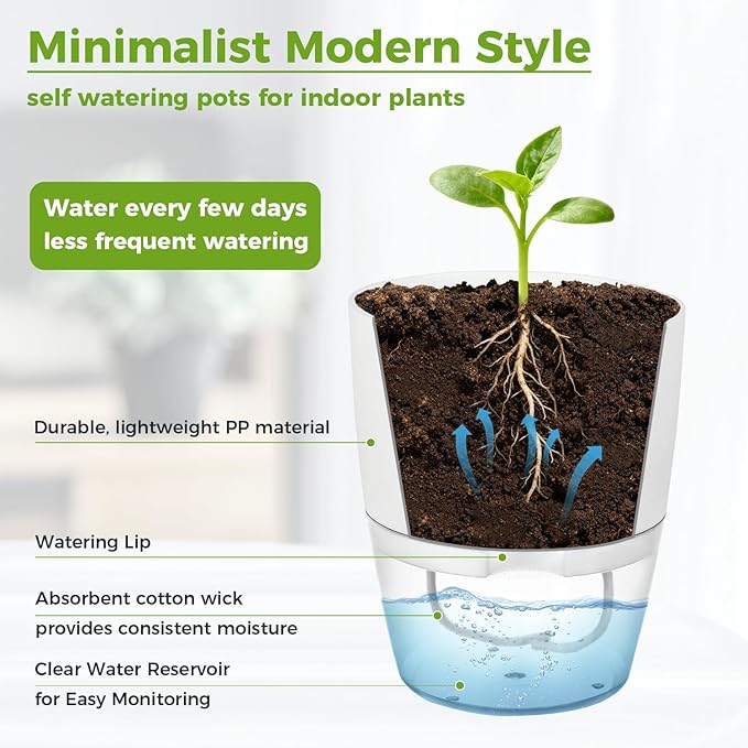 Planterhoma 5 Pack Self Watering Pots for Indoor Plants, 4 Inch Plant Pot Plastic Self Watering Planter for Orchid, African Violet, Small Clear Flower Pots with Drainage Holes and Wicking Rope, White