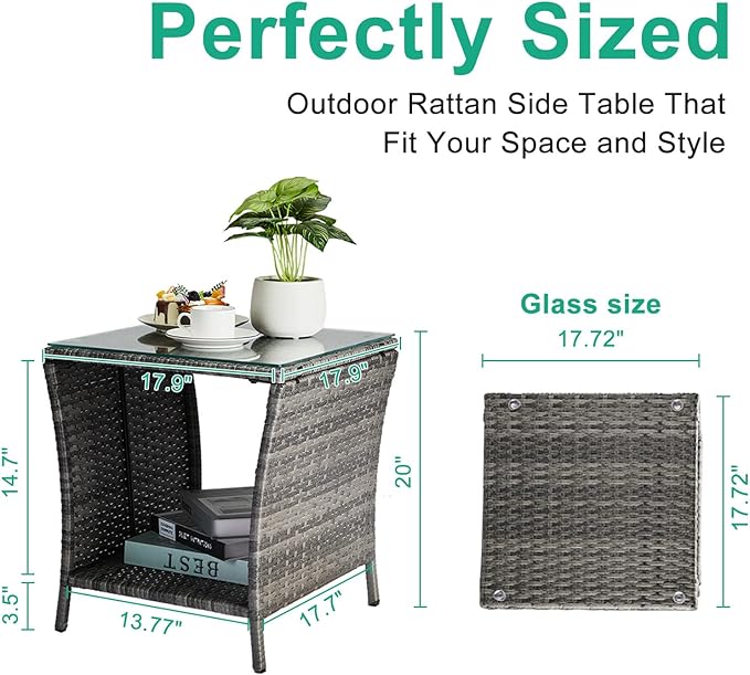 VINGLI Outdoor Wicker Side Table Patio Side Tables for Outside, Tempered Glass Top Wicker Table with Storage End Table for Balcony Porch Deck (Grey)