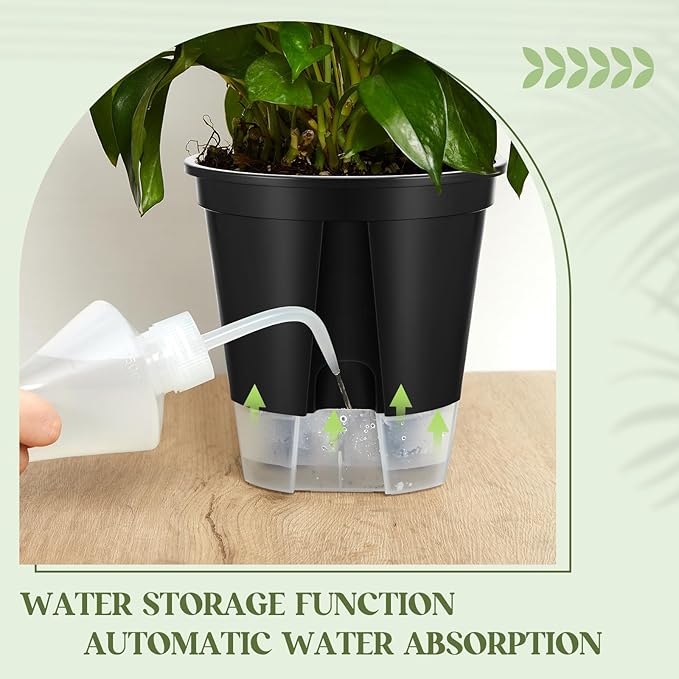 Self Watering Pots for Indoor Plants with Deep Reservoir and High Drainage Holes for Outdoor Plants and Flowers, Bare Root Planter (5.91'',Black,9 Pcs)