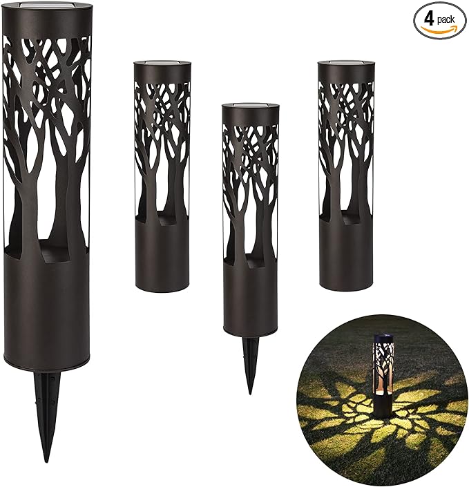 4Pack Solar Pathway Lights Outdoor, Landscape Lighting Dust to Dawn Solar Lights for Garden Decor, Metal Path Lights Solar Powered for Yard Lawn Patio Walkway Warm Yellow
