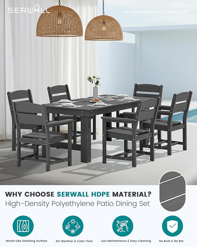 SERWALL Outdoor Dining Table Set, 67‘’ HDPE Patio Dining Set for 6, Outdoor Table and Chairs Set with 1.6-inch Umbrella Hole for Deck, Grey