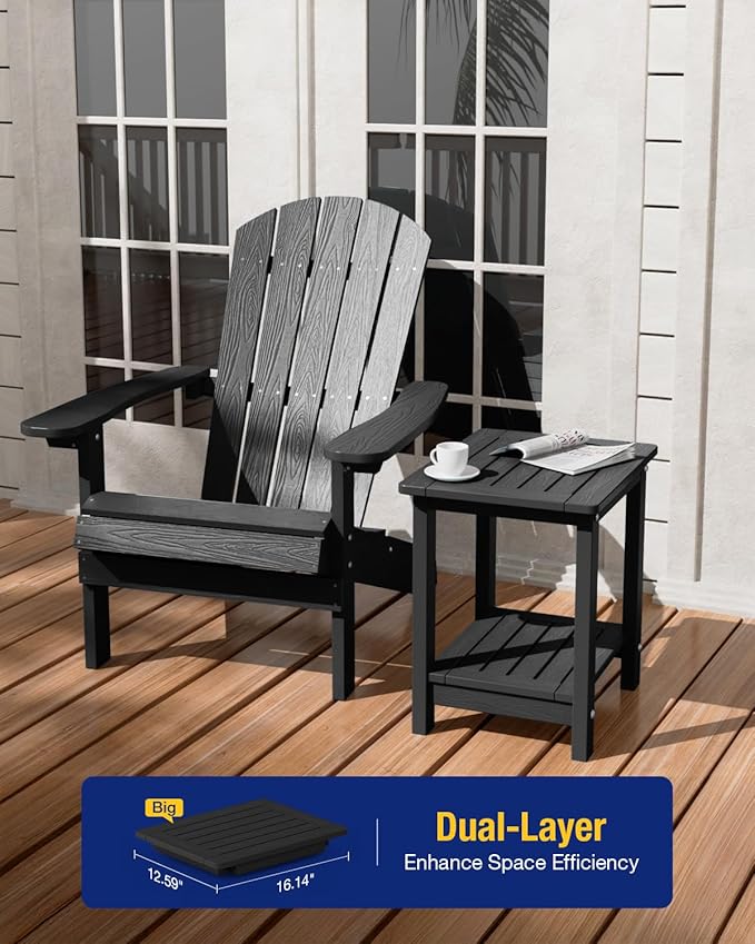 YEFU Outdoor Side Table for Patio: 16" HIPS Weather - Resistant Adirondack Tables Set of 2 - Small Square End Tables for Backyard Pool Porch Balcony - Indoor Outdoor Double Layer Table Black