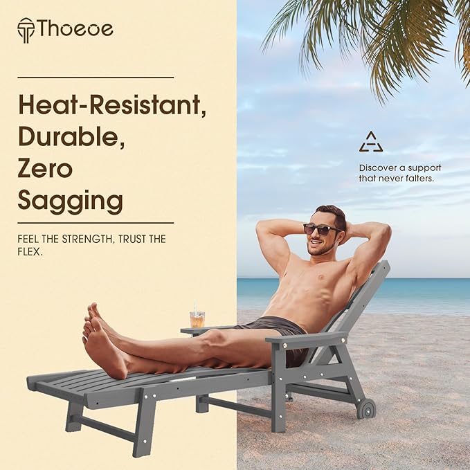 Patio Chaise Lounge Chair Set of 2, Oversized Lounge Chair Outdoor with 5 Positions, HDPE, Patio Lounge Chair with Wheels & Cup Holder for Pool, Deck, Poolside,Grey