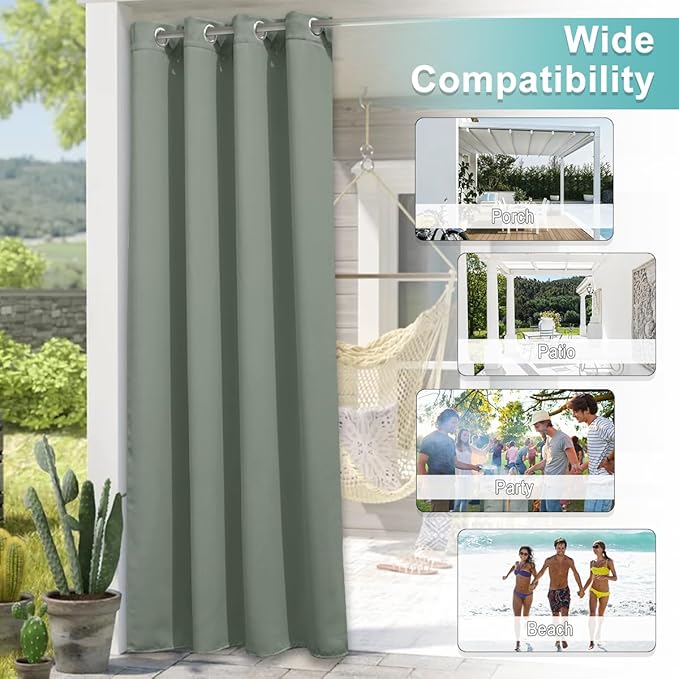 NICETOWN Blackout Indoor & Outdoor Curtain for Patio Waterproof, Room Darkning Sun Blocking Thermal Insulated Window Treatments for Front Porch & Bathroom, W52 x L84, 1 Panel, Sage Green