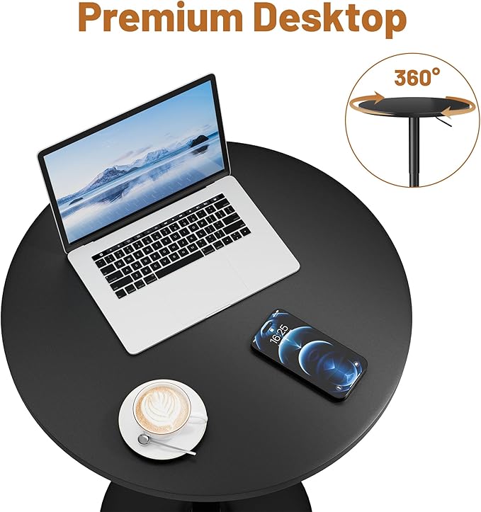 Flamaker Round Bistro Pub Table 23.6 Inch Height Adjustable 360° Swivel Bar Table Metal Base for Pub, Dining Room, Party (1, Full Black)