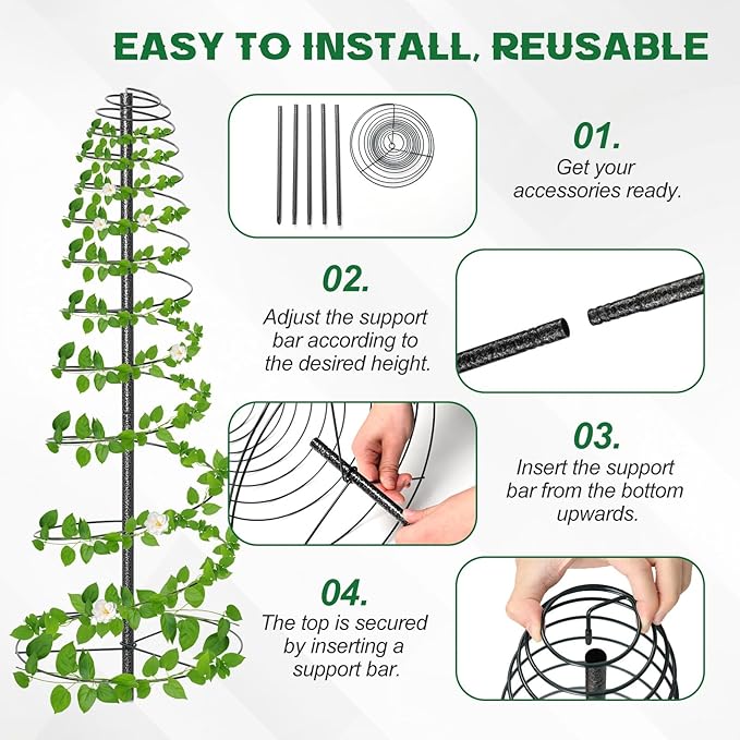 72in Tall Spiral Frame Trellis for Climbing Plants Outdoor, Heavy Duty Metal Garden Plant Tower, Rustproof Support for Pole Bean Cucumber Sweet Peas Clematis Vines, Anti-Tip Pot Indoor Decor, 1 Pack