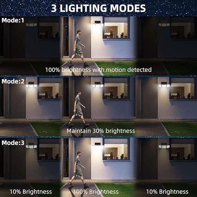 2500LM Solar Lights Outdoor with Motion Sensor,3 Head 270° Wide Angle Street Area Lights, IP65 Waterproof Security Lighting with 3 Modes(Non-Remote,2 Pcs)