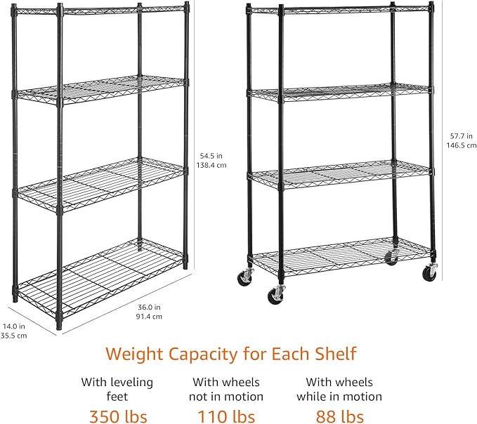 Amazon Basics 4-Shelf Heavy Duty Garage Shelving Storage Unit on 3" Wheel Casters, Adjustable Metal Wire Rack with Leveling Feet, 36" x 14" x 57.75", Black