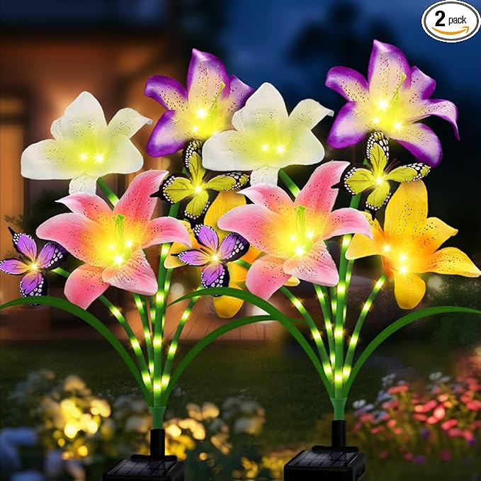 Solar Garden Lights 2 Pack with 8 Lilies Outdoor Decorative Flower Lights for Garden, Gift for Family and Friends, IP65 Waterproof Flower Solar Outdoor Stake Lights for Yard Patio Lawn Pathway