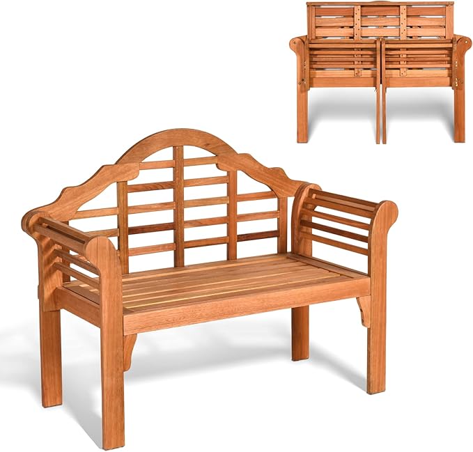 Giantex Outdoor Wood Bench, 4 Ft Foldable Eucalyptus Garden Bench, Two Person Loveseat Chair Solid with Curved Backrest and Armrest Ideal for Patio, Porch or Balcony (Teak)
