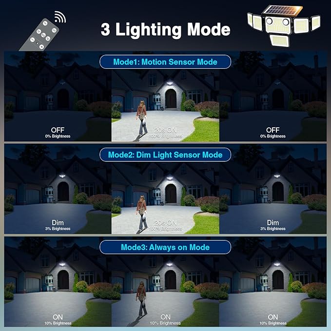 6000LM Solar Lights Outdoor Waterproof, 6 Heads Solar Flood Lights Outdoor with 2 Motion Sensor, 310 LED Motion Light with Remote Control for Yard Outside House Patio 3 Pack
