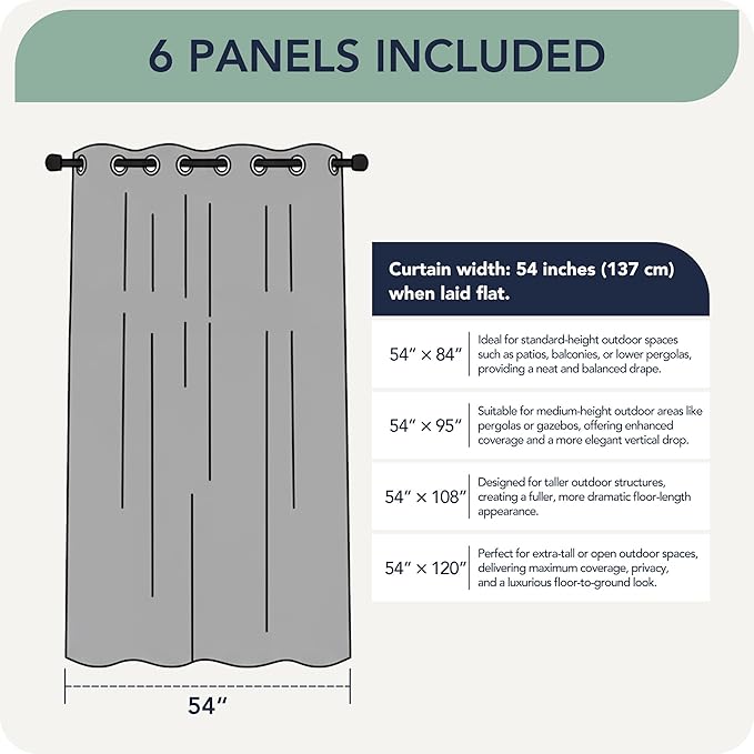 Outdoor Curtains for Patio Waterproof 6 Panels - Windproof, Privacy, Weatherproof Outside Drapes for Gazebo Pergola Porch, Grommet Top and Tab Bottom, 54x84 Inch, White