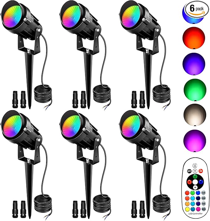 Low Voltage Landscape Lighting,12V-24V RGBW Color Changing Landscape Lights IP67 Waterproof Landscape Spotlights for Garden Yard Holiday Halloween Christmas Decor (6 Pack)