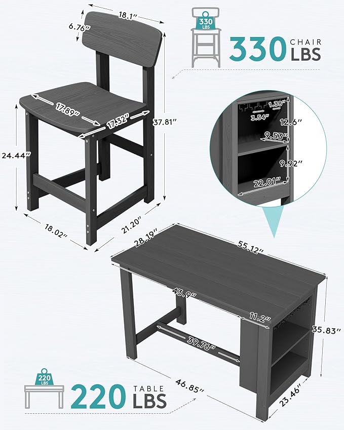 SERWALL 3-Piece Outdoor Counter Height Bar Set, HDPE Patio Bar Table with Wine Rack & Storage Shelf, 2 All-Weather Bar Stools, Patio Bar Dining Furniture Set for 3, Grey