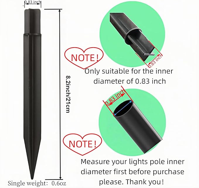 8.25" Reinforced ABS Plastic Solar Ground Spikes - Durable Solar Light Replacement Stakes for Garden, Pathway, Deck, Camping, Christmas Lights (Fits Fits 0.83" Inside Diameter) (Black-3 Pack)