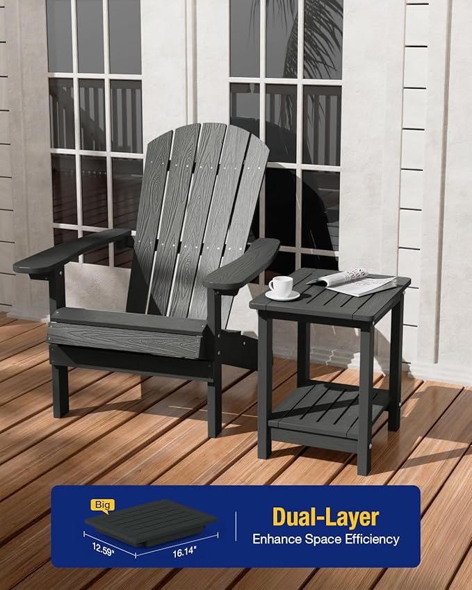YEFU Outdoor Side Table for Patio: 16" HIPS Weather - Resistant Adirondack Tables - Waterproof Small Square End Tables for Backyard Living Room Bedroom - Indoor Outdoor Double Layer Table Dark Gray