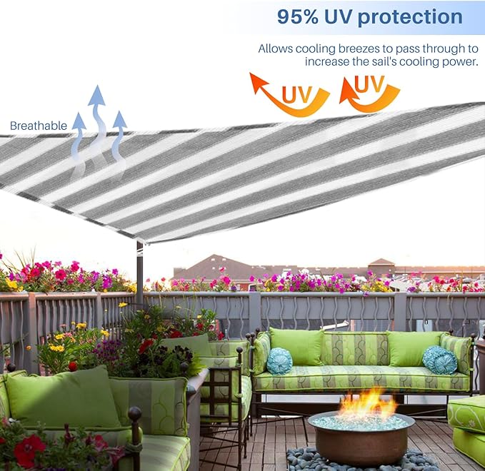 E&K Sunrise 2' x 2' x 2' Sun Shade Sail Triangle Canopy Shade Cover UV Block for Patio Backyard Garden Outdoor (Gray White Strip)