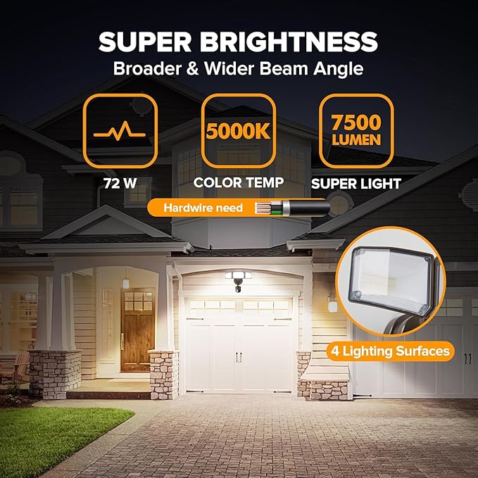 LUTEC 72W 7500LM LED Security Lights Motion Sensor Light Outdoor, 5000K Daylight, IP65 Waterproof, Dusk to Dawn, 3-Head Motion Detected Flood Light for Garage, Yard, Porch(Brown)