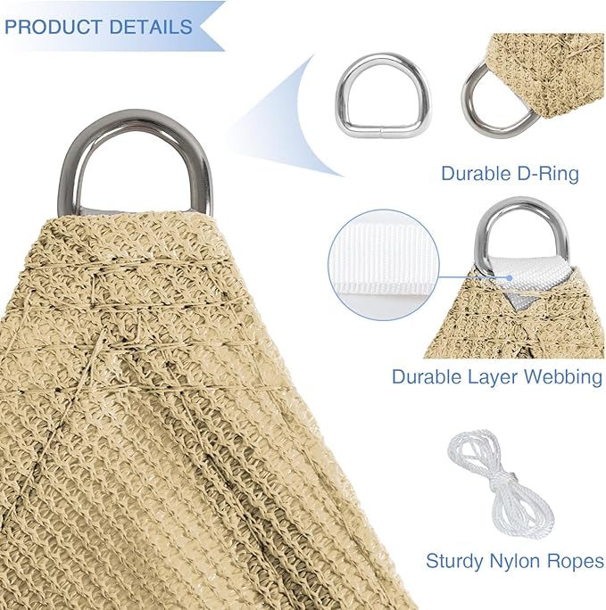 E&K Sunrise 15' x 15' x 15' Sun Shade Sail Triangle Canopy Shade Cover UV Block for Patio Backyard Garden Outdoor (Sand)