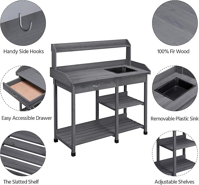 Yaheetech Outdoor Potting Bench Table Potters Benches Garden Workstation for Horticulture with Drawer/Adjustable Shelf Rack/Removable Sink/Hooks/Pads, Gray