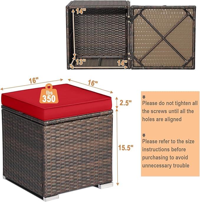 RELAX4LIFE Wicker Outdoor Storage Ottoman, 2-Piece Rattan Footstool w/Removable Cushion, Multipurpose Footrest Stool Side Table Additional Seating, Set of 2 Outdoor Ottomans for Patio Deck (Red)