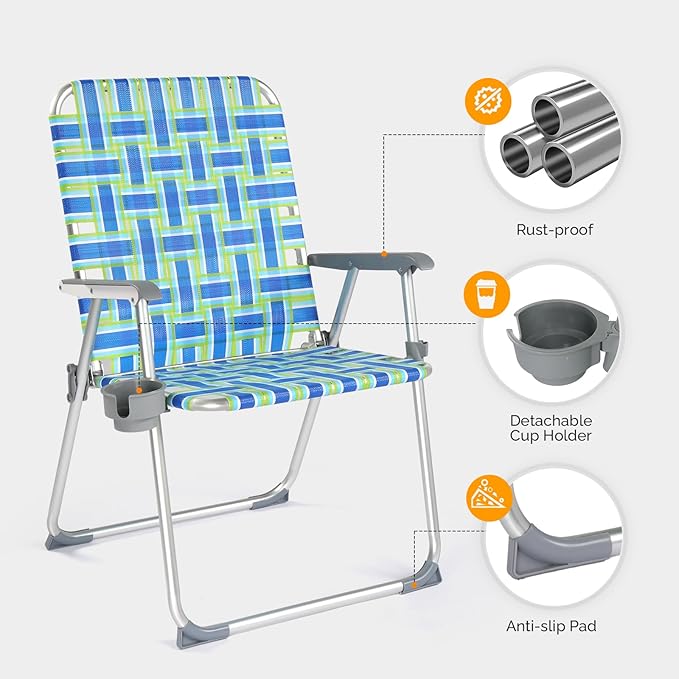 VINGLI Folding Aluminum Webbed Oversized Lawn Chairs with Detachable Cup Holder, 300LBS High Beach Chair for Adults Heavy Duty, Portable Patio Chair for Yard, Garden, 2 Pack,Blue/Green