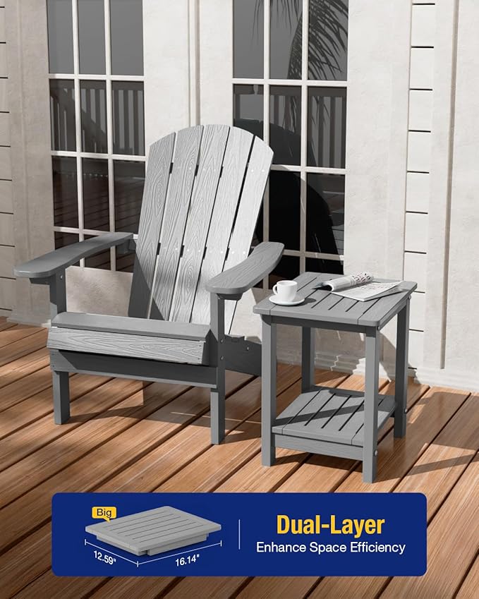 YEFU Outdoor Side Table for Patio: 16" HIPS Weather - Resistant Adirondack Tables Set of 2 - Small Square End Tables for Backyard Pool Porch Balcony - Indoor Outdoor Double Layer Table Grey