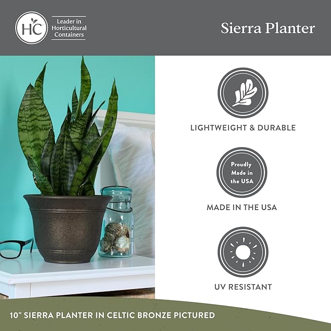The HC Companies Sierra Round Self-Watering Pot - Lightweight Plastic Planter for Herbs & More - Durable Plant Pots for Indoor Plants & Outdoor Plants (16” Celtic Bronze, Pack of 2)