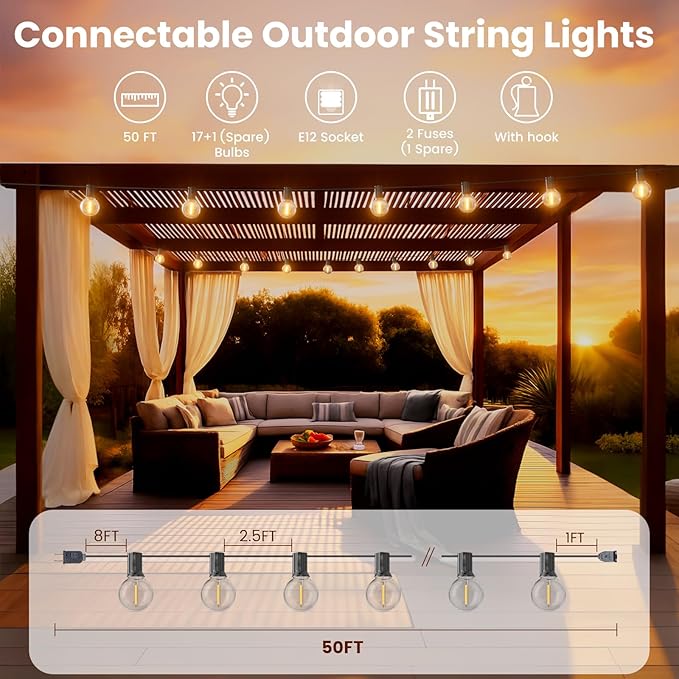RTTY Classic Series Outdoor String Lights 50 FT Globe LED Patio Lights with G40 Plastic Bulbs,Waterproof Shatterproof Dimmable Connectable Hanging for Backyard Porch Balcony Party Cafe Deck Decor