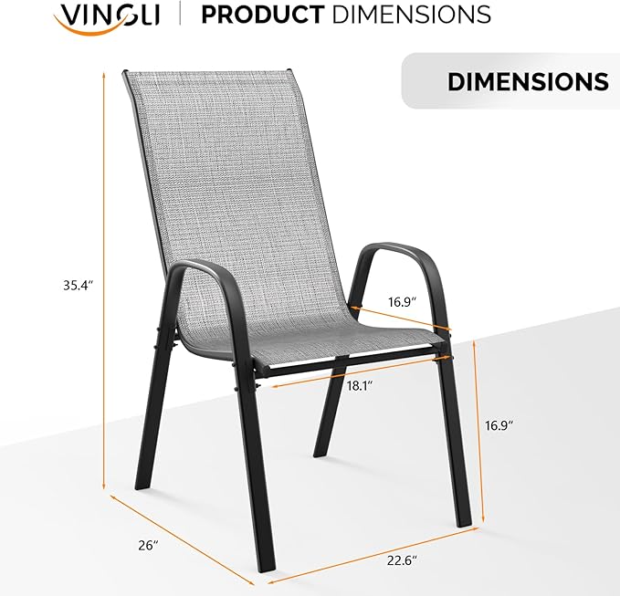 VINGLI Patio Chairs Set of 2 – Stackable Outdoor Dining Chairs with Comfortable Sling High Back Chairs and Armrests for Lawn, Poolside, Courtyard, Balcony, Garden, Silver Gray