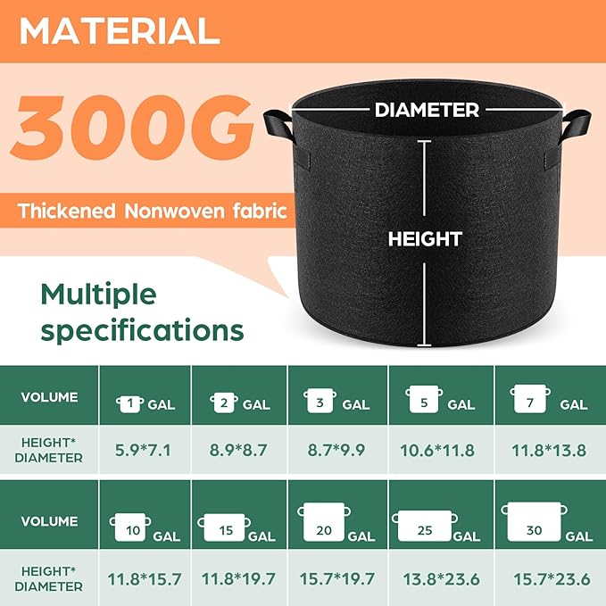 5 Pack 7 Gallon Grow Bags, Thickened Nonwoven Fabric Planter Pots with Handles, Heavy Duty 300G Garden Pots for Tomato, Potato and Vegetable