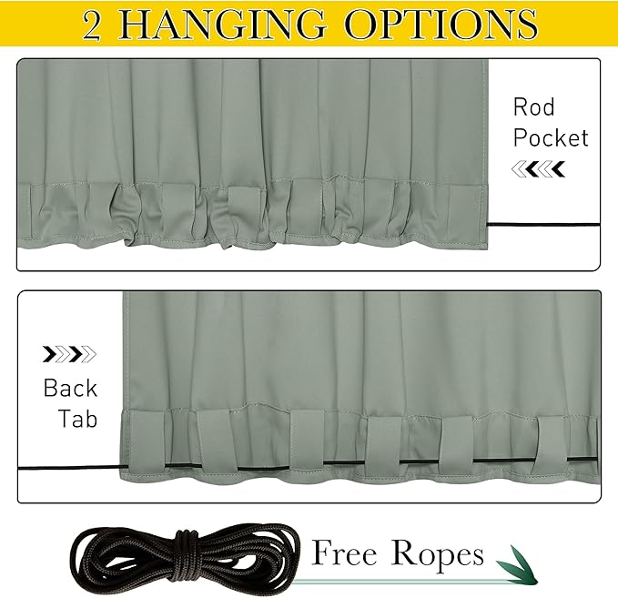 NICETOWN 2 Panels Weighted Blackout Outdoor Curtains Patio Waterproof, Thermal Insulated Top & Bottom Grommet & Back Tab Wind-Break Drapes Privacy for Pergola with Rope, W52 x L95, Sage Green