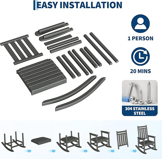 HDPE Rocking Chair Outdoor Set of 2 - Poly High Back Porch Rocker Chairs for Adults - All Weather Resistant Furniture for Patio Front Porch - Gray